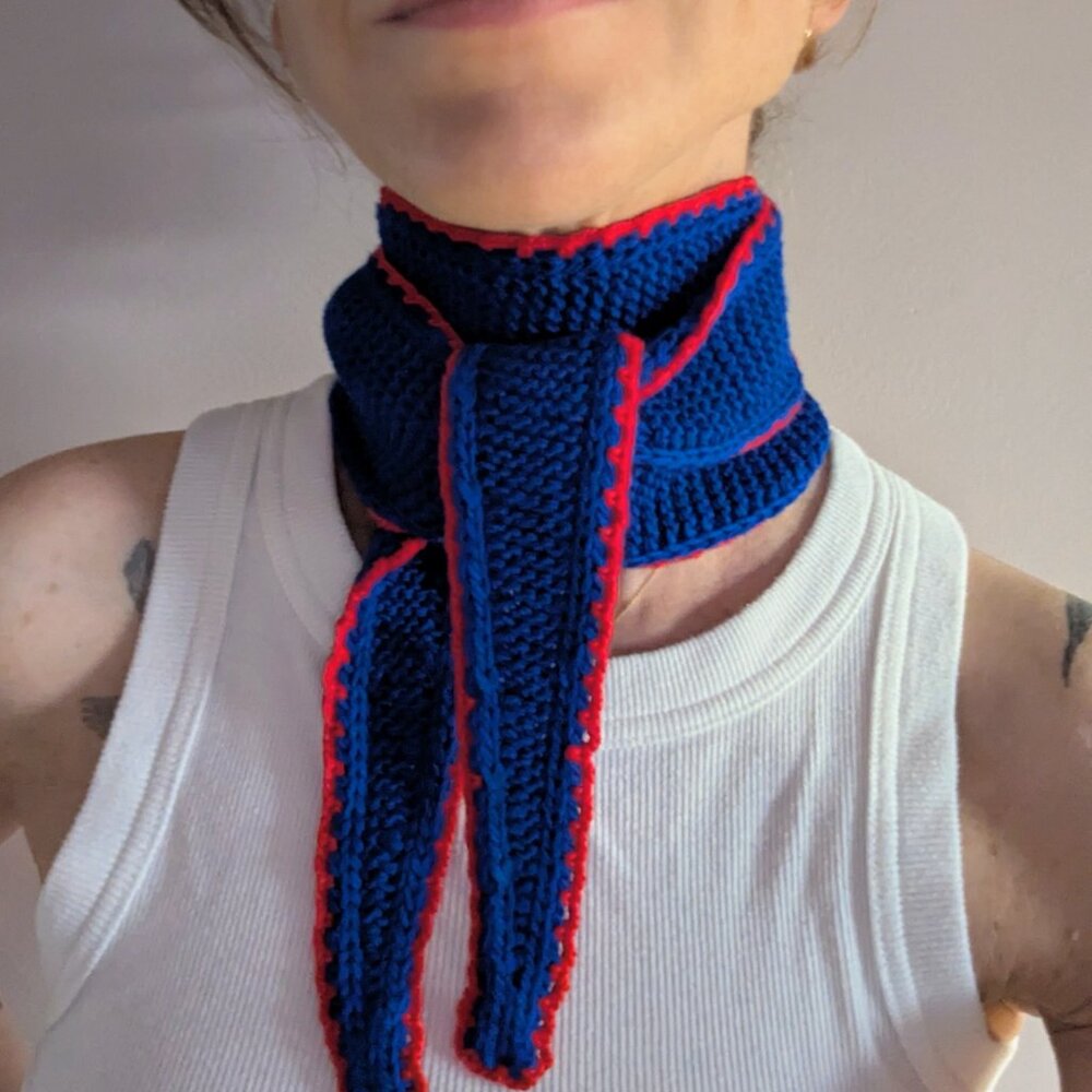 Handmade PetiteKnit Sophie Skinny Scarf Crimson & Cobalt Blue | Scandi Cool Girl - Picture 10 of 15